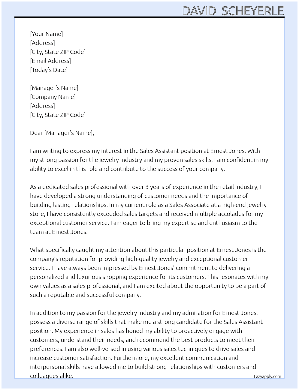 Sales assistant At Ernest Jones  Cover Letter