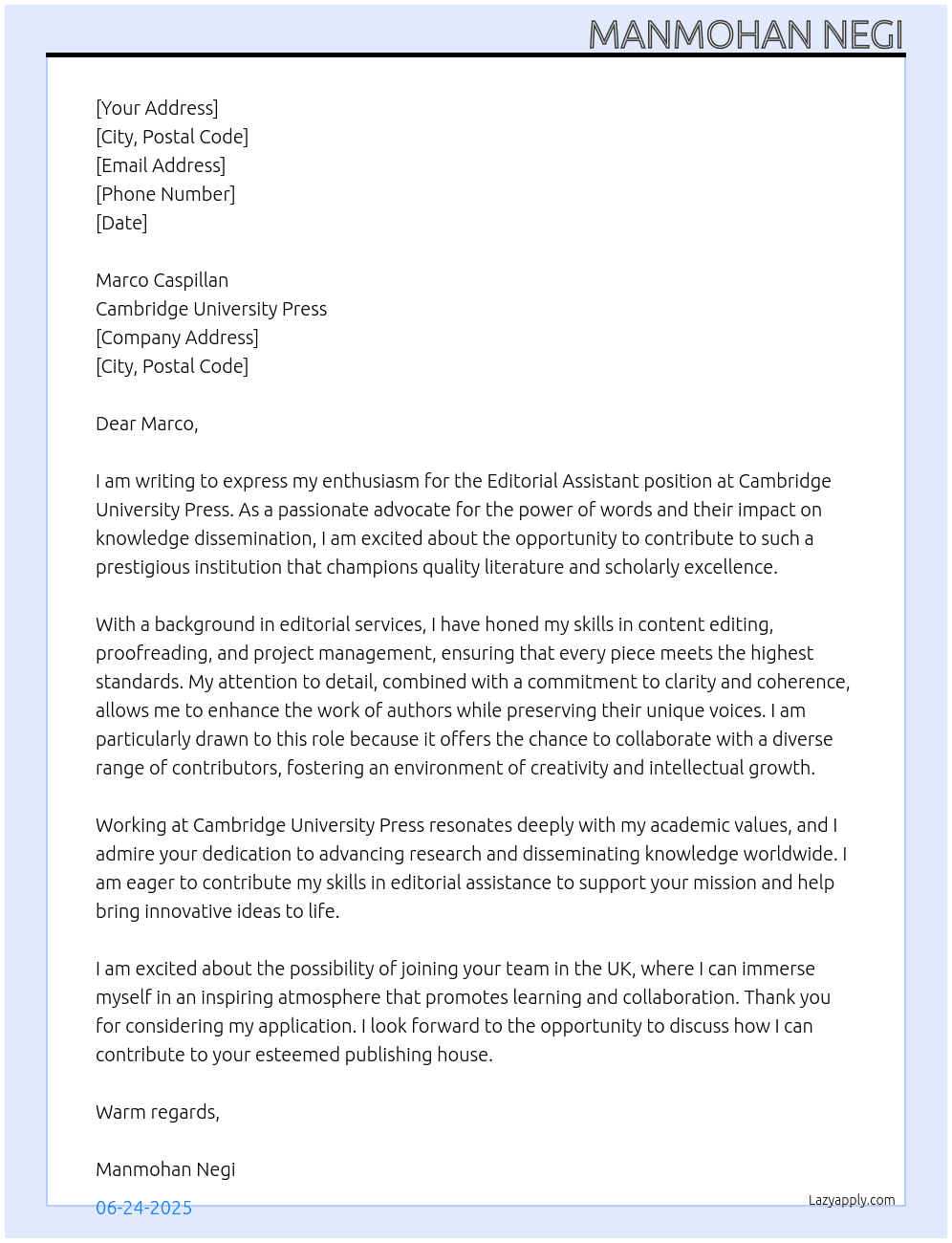 Editorial Assistant At Cambridge Unversity Press Cover Letter