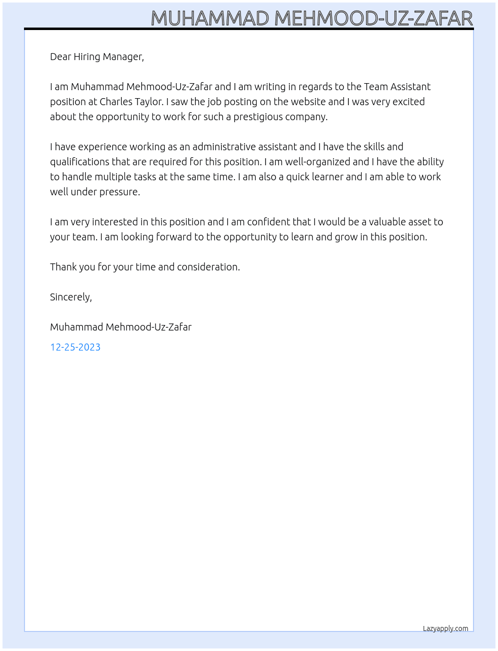 Team Assistant At Charles Taylor Cover Letter