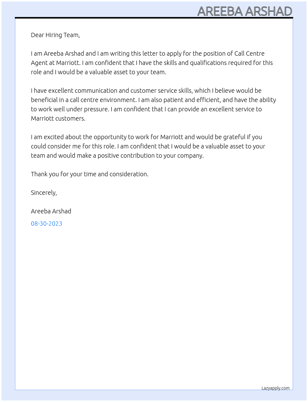 Call centre agent At Marriott Cover Letter