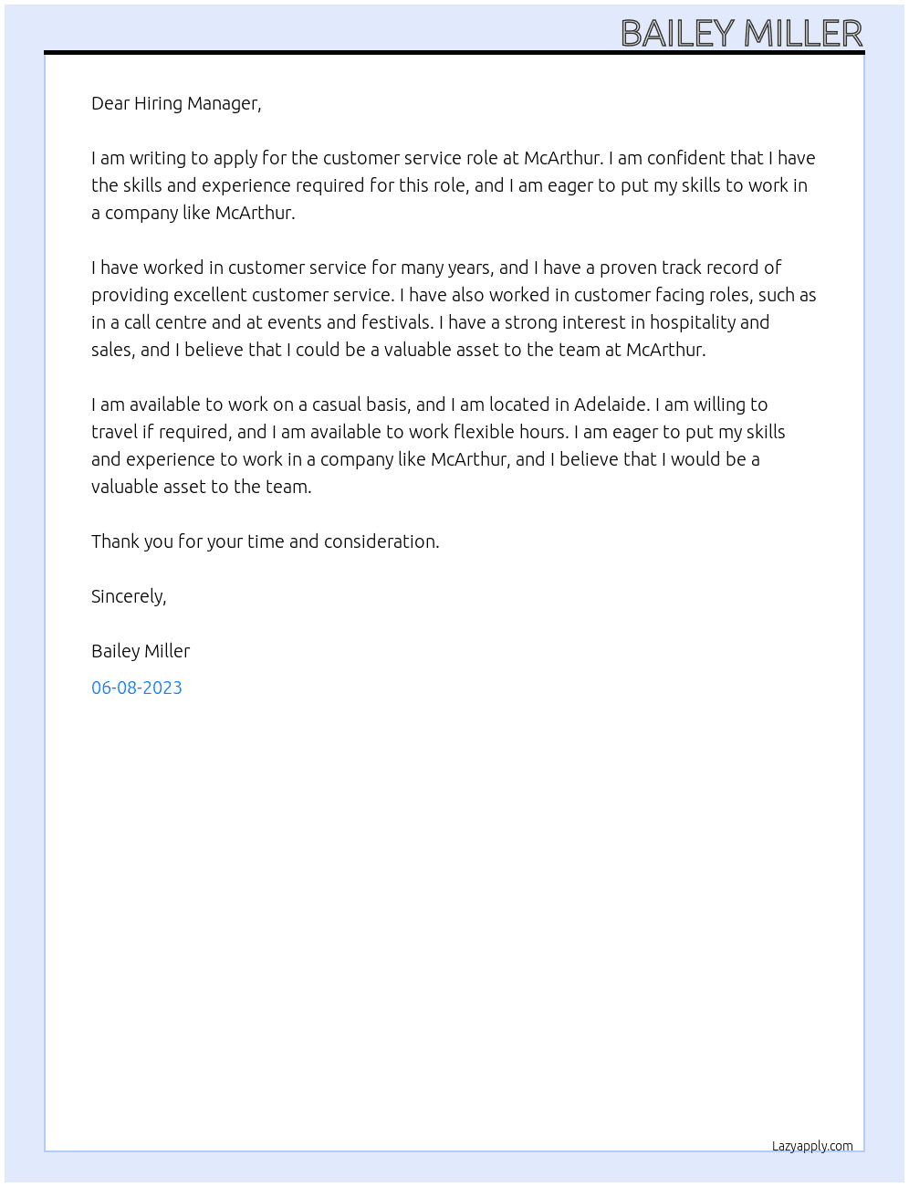 customer service  At McArthur Cover Letter