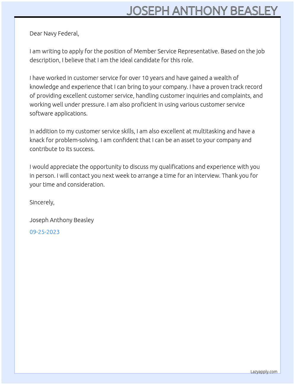 Member Service Representative  At Navy Federal  Cover Letter