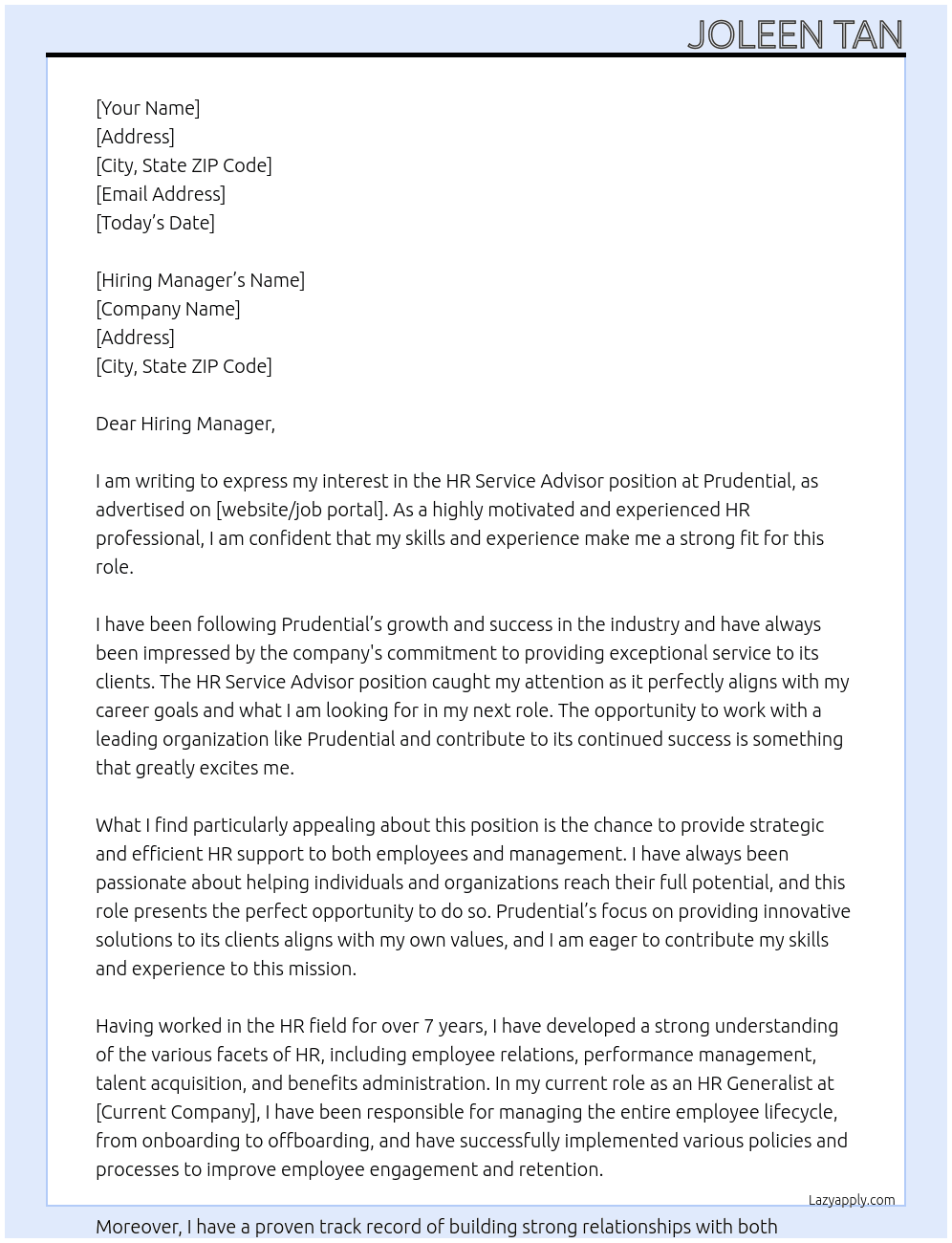 HR Service Advisor At Prudential  Cover Letter
