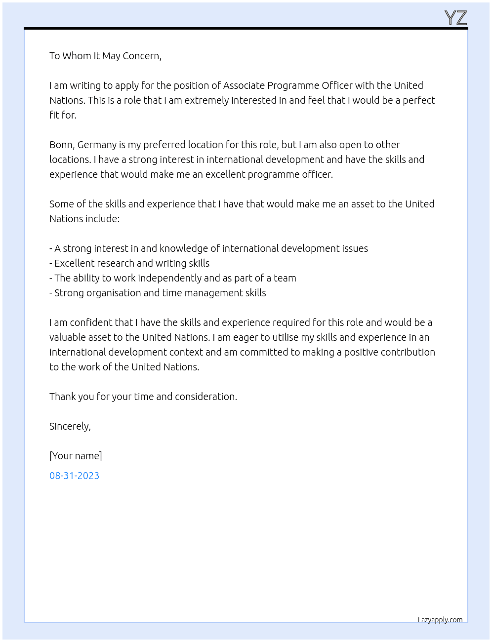 Associate programme officer At United nations Cover Letter