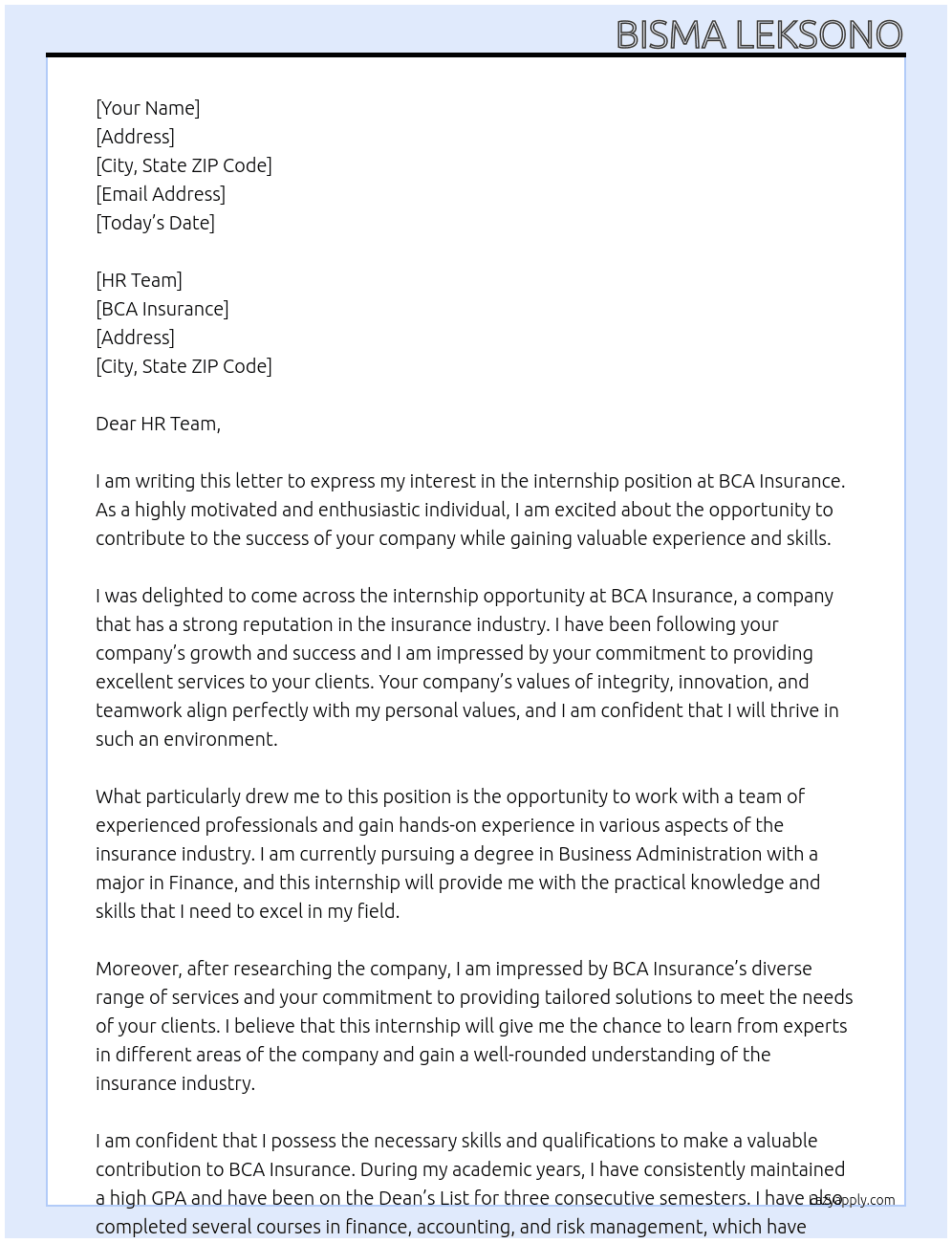 Internship At BCA Insurance Cover Letter