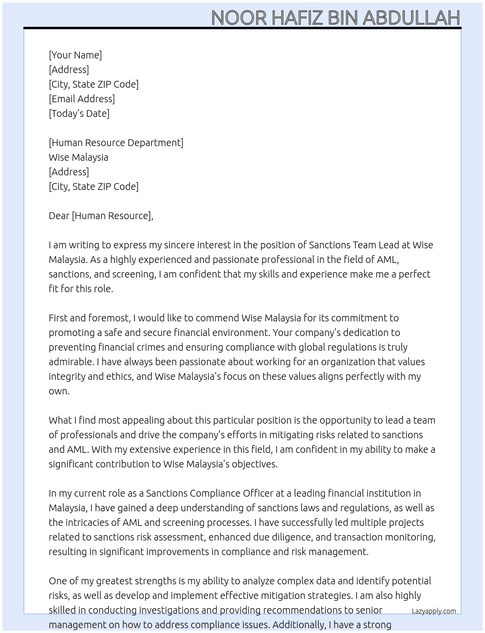 Sanctions team lead At Wise Malaysia Cover Letter