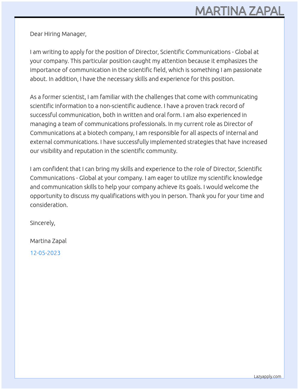 Director, Scientific Communications - Global  At Director, Scientific Communications - Global Cover Letter