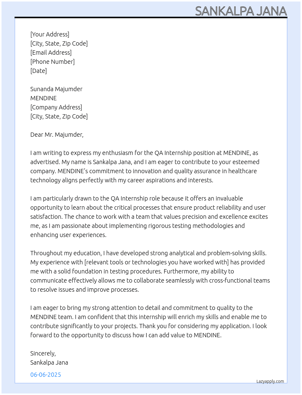 QA Internship At MENDINE Cover Letter