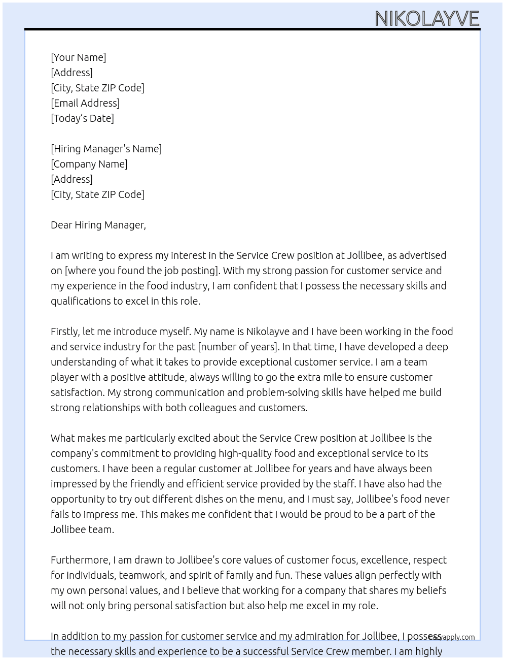 service crew At jollibee Cover Letter