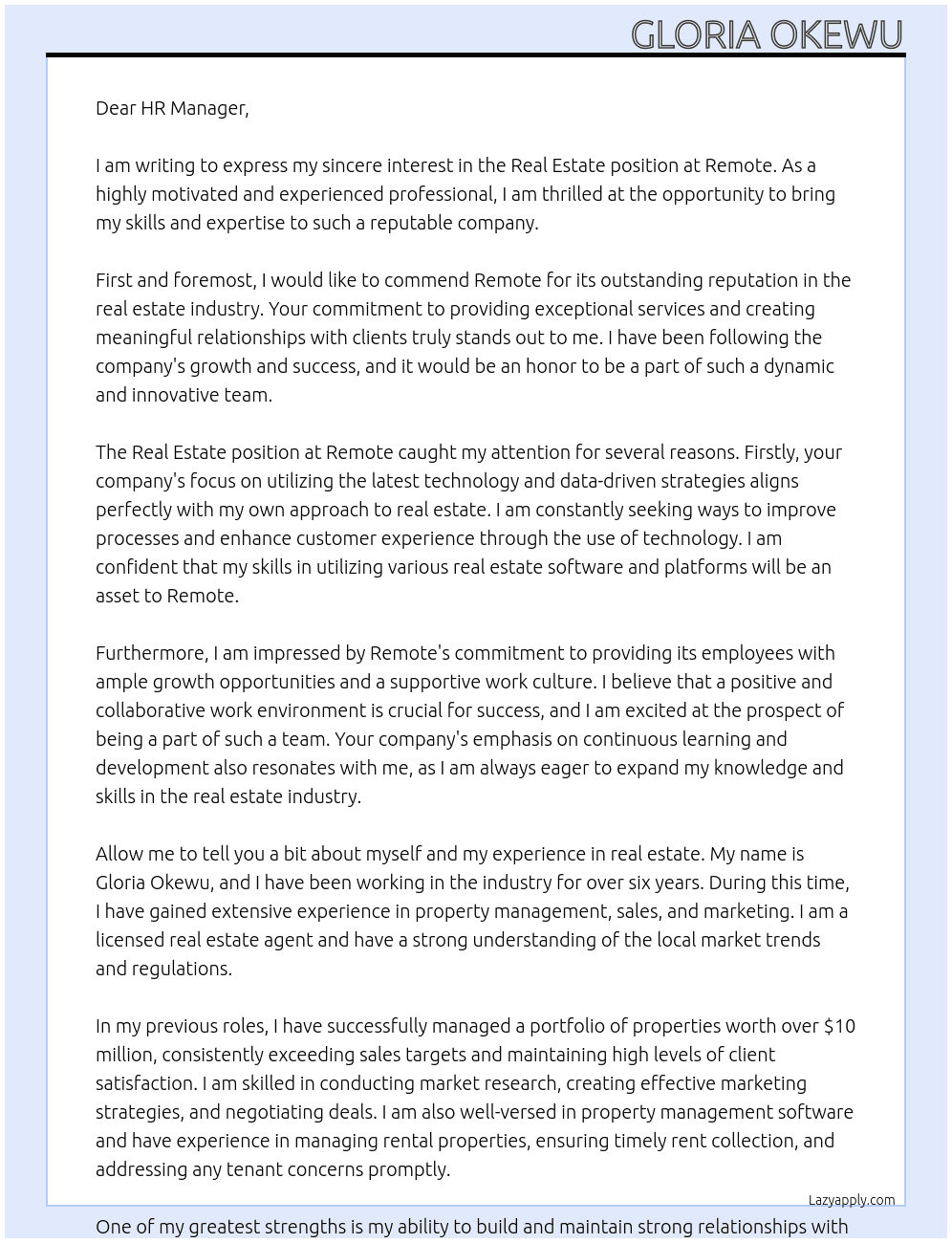 Real estate At Remote Cover Letter