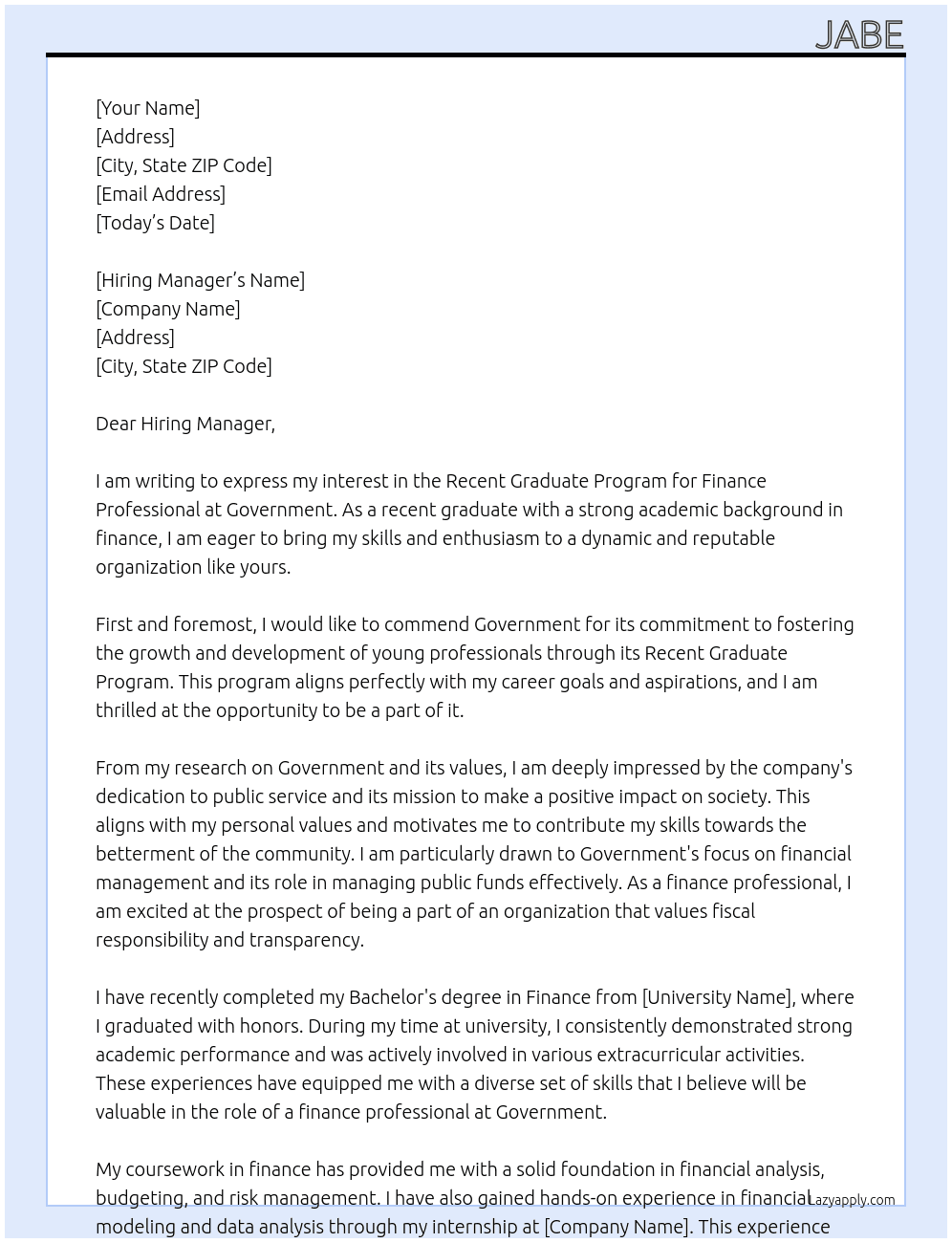 Recent Graduate Program for Finance Professional At Govrment Cover Letter