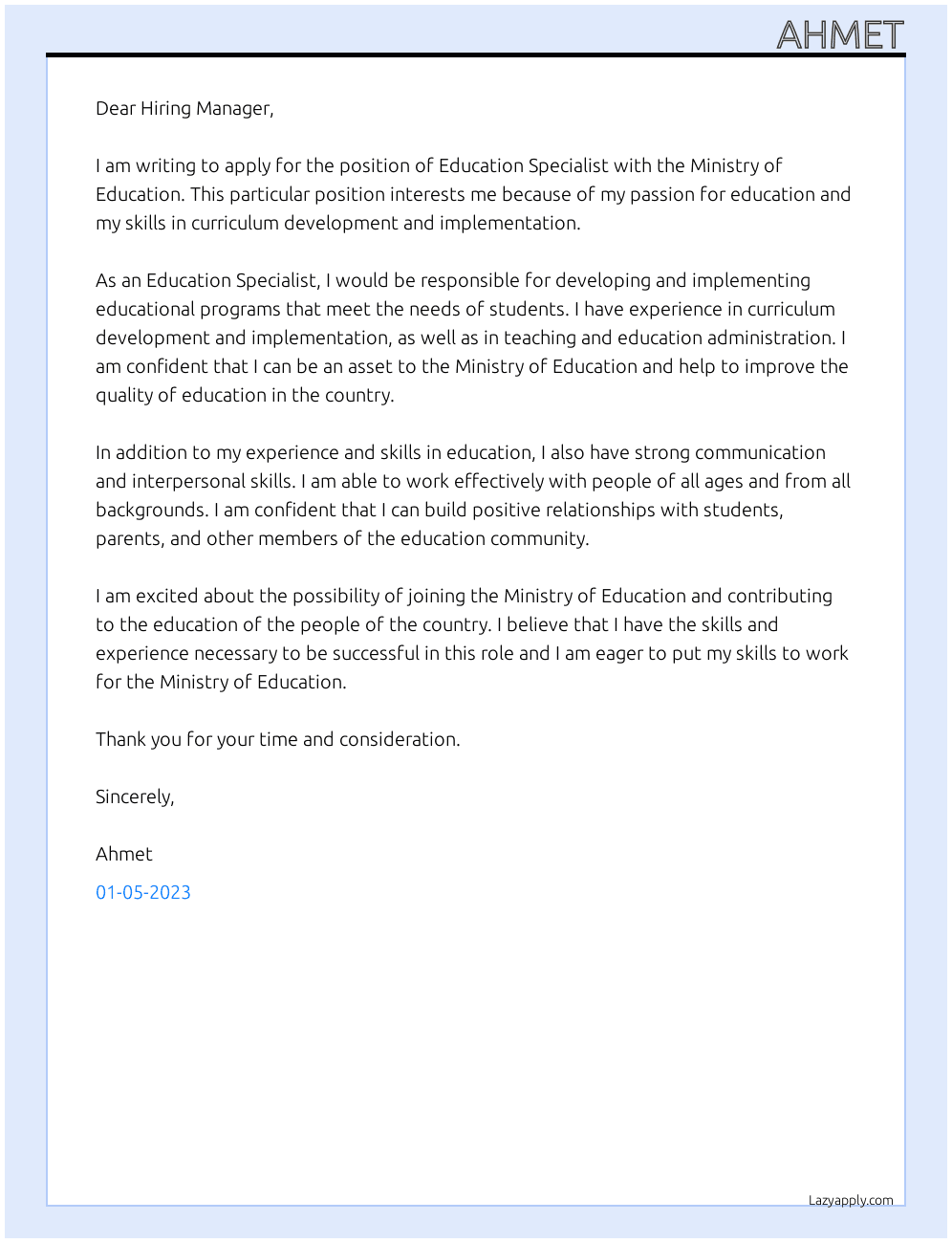 Education Specialist  At Ministry of education  Cover Letter
