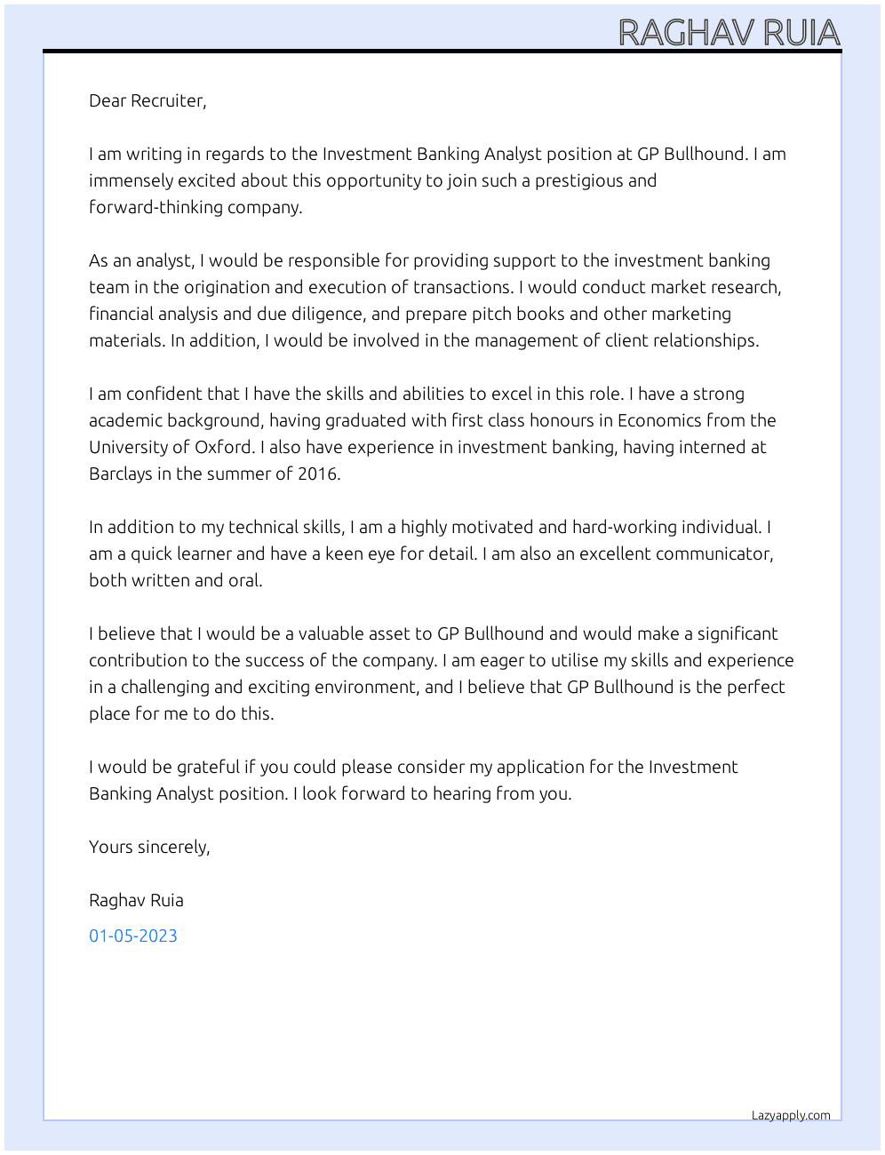 Investment Banking Analyst At GP Bullhound Cover Letter
