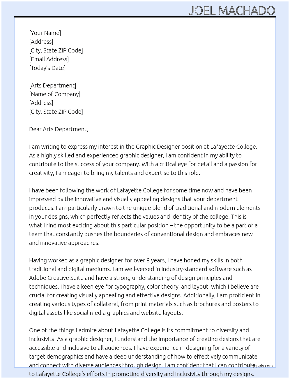 Graphic Designer At Lafayette College Cover Letter