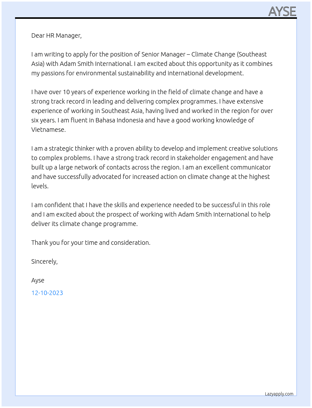 Senior Manager – Climate Change (Southeast Asia) At Adam Smith Internatıonal Cover Letter