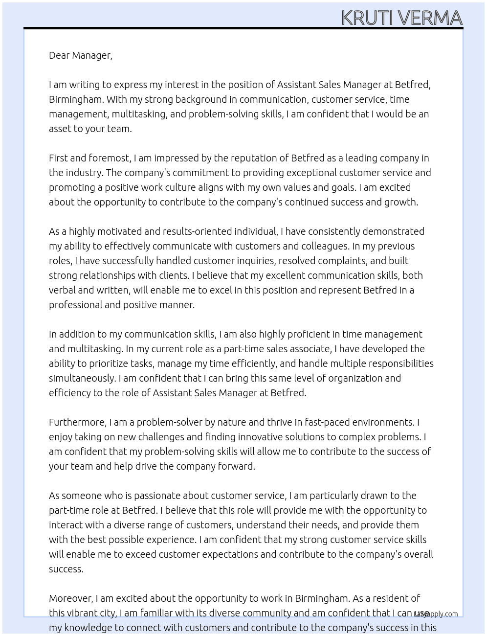 Assistant Sales Mananger At Betfred, Birmingham Cover Letter