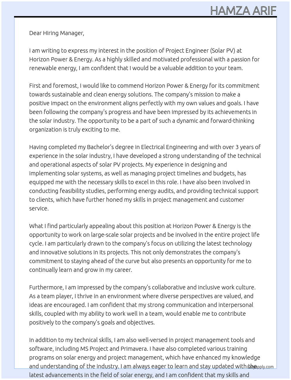 Project Engineer (Solar PV) At Horizon Power & Energy Cover Letter