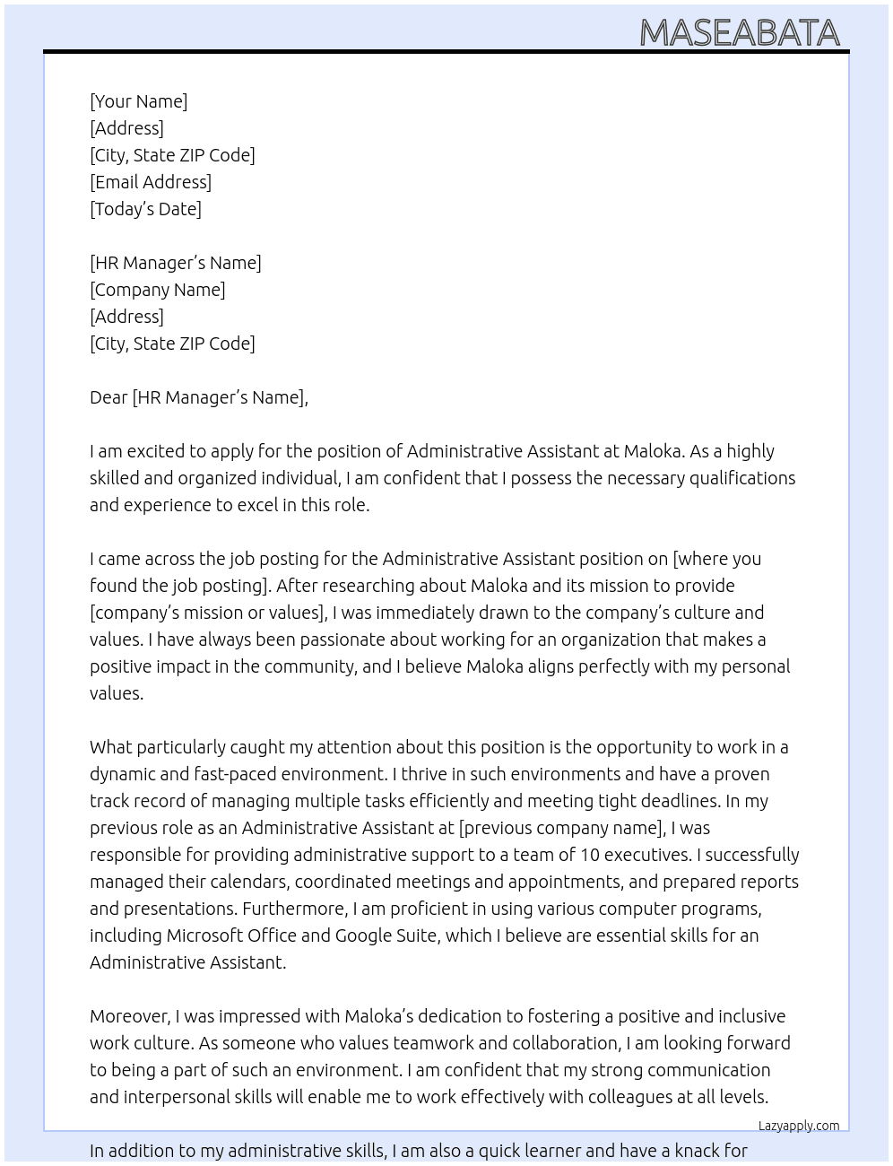Administrative assistant  At Maloka Cover Letter
