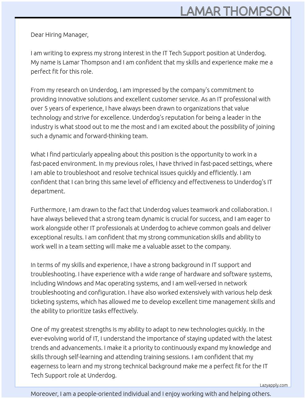 IT tech support At underdog Cover Letter