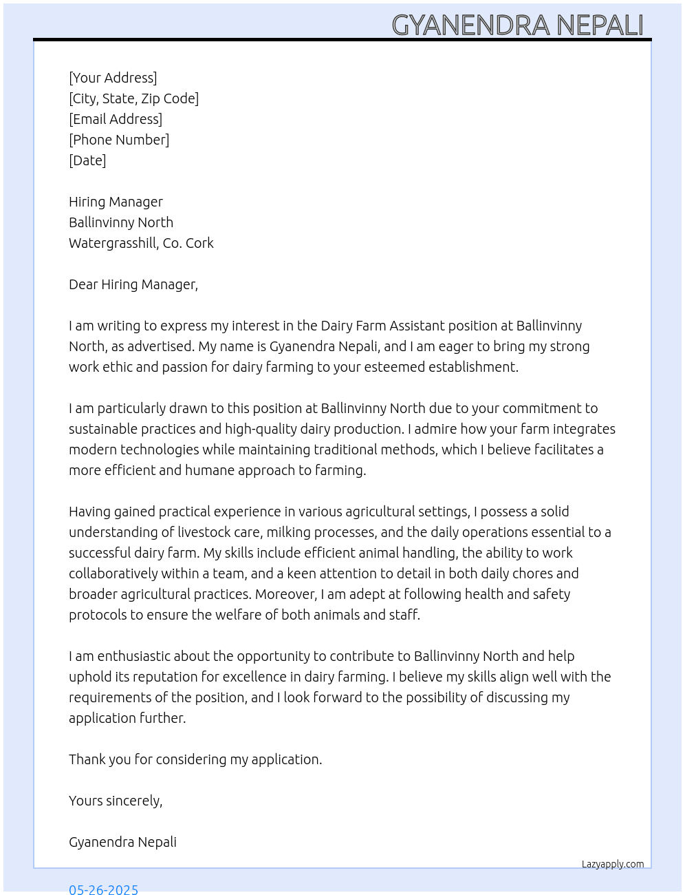 Dairy farm assistant  At Ballinvinny North, Watergrasshillco.cork Cover Letter