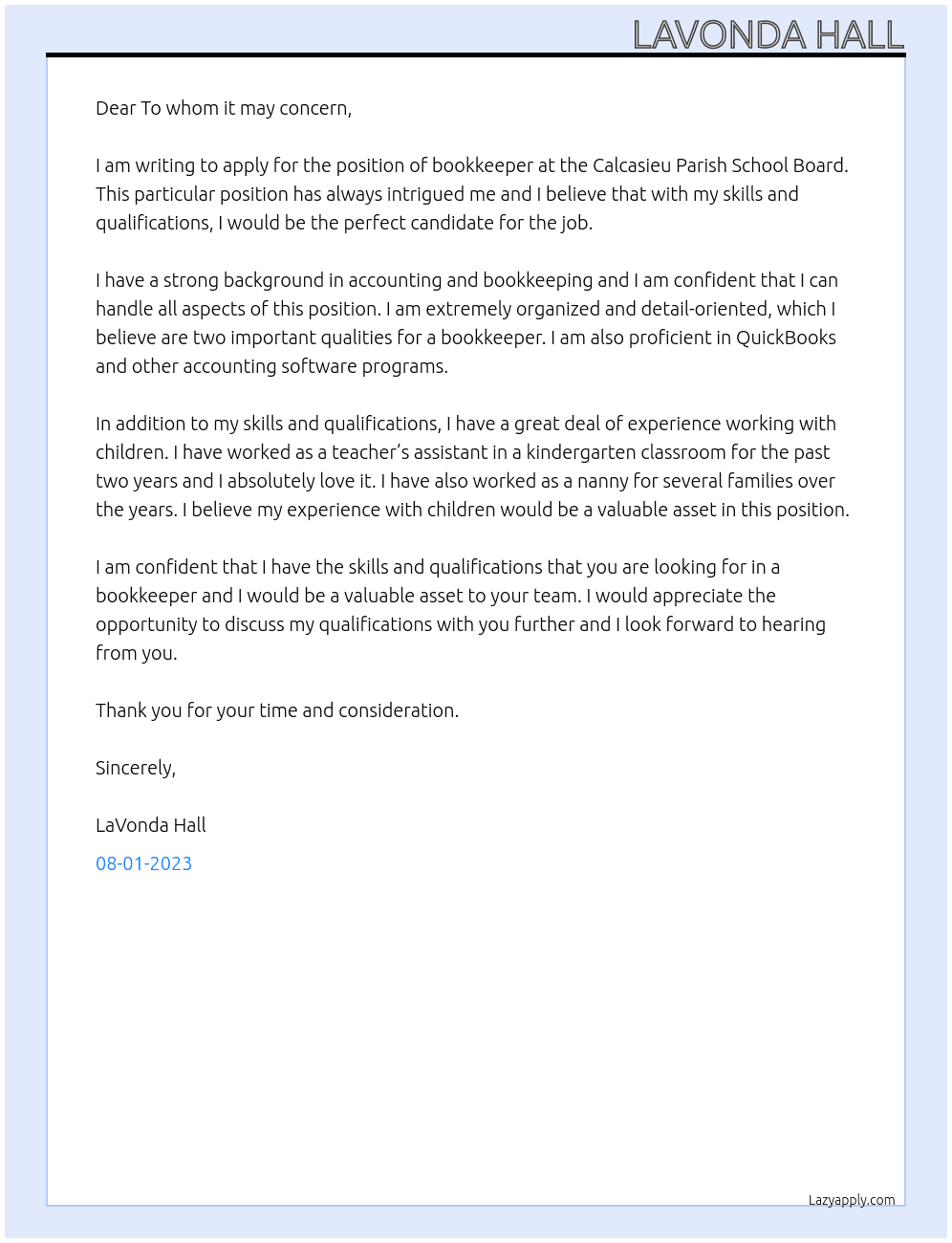 Bookkeeper At Calcasieu Parish School Board Cover Letter