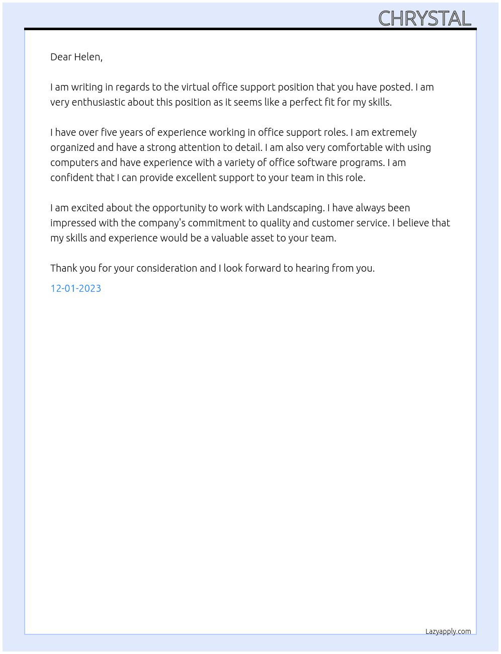 Virtual office support  At Landscaping  Cover Letter