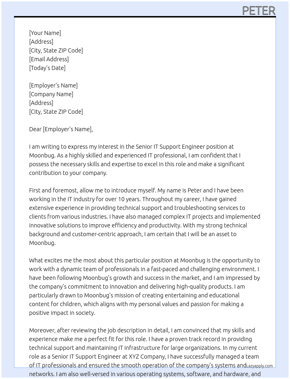 Senior IT Support Engineer At Moonbug Cover Letter
