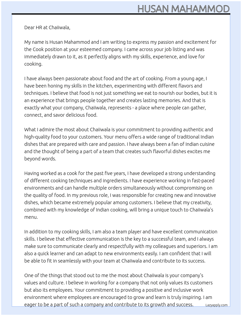 Cook  At Chaiiwala Cover Letter