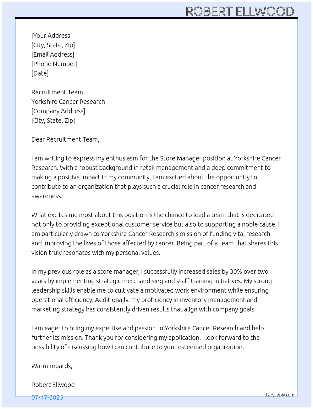 store manager  At Yorkshire Cancer Research Cover Letter