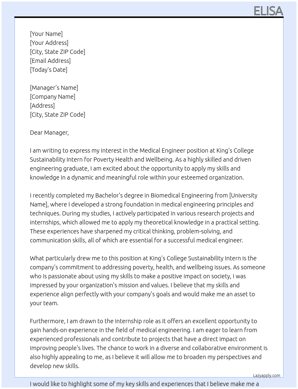 Medical engineer At King's College Sustainability Intern For Poverty Health And Wellbeing Cover Letter