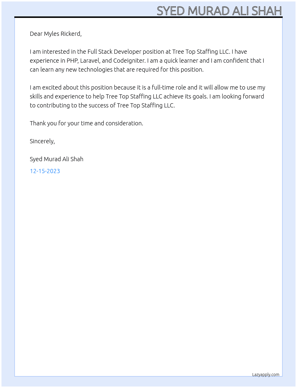Full Stack Developer At Tree Top Staffing LLC Cover Letter