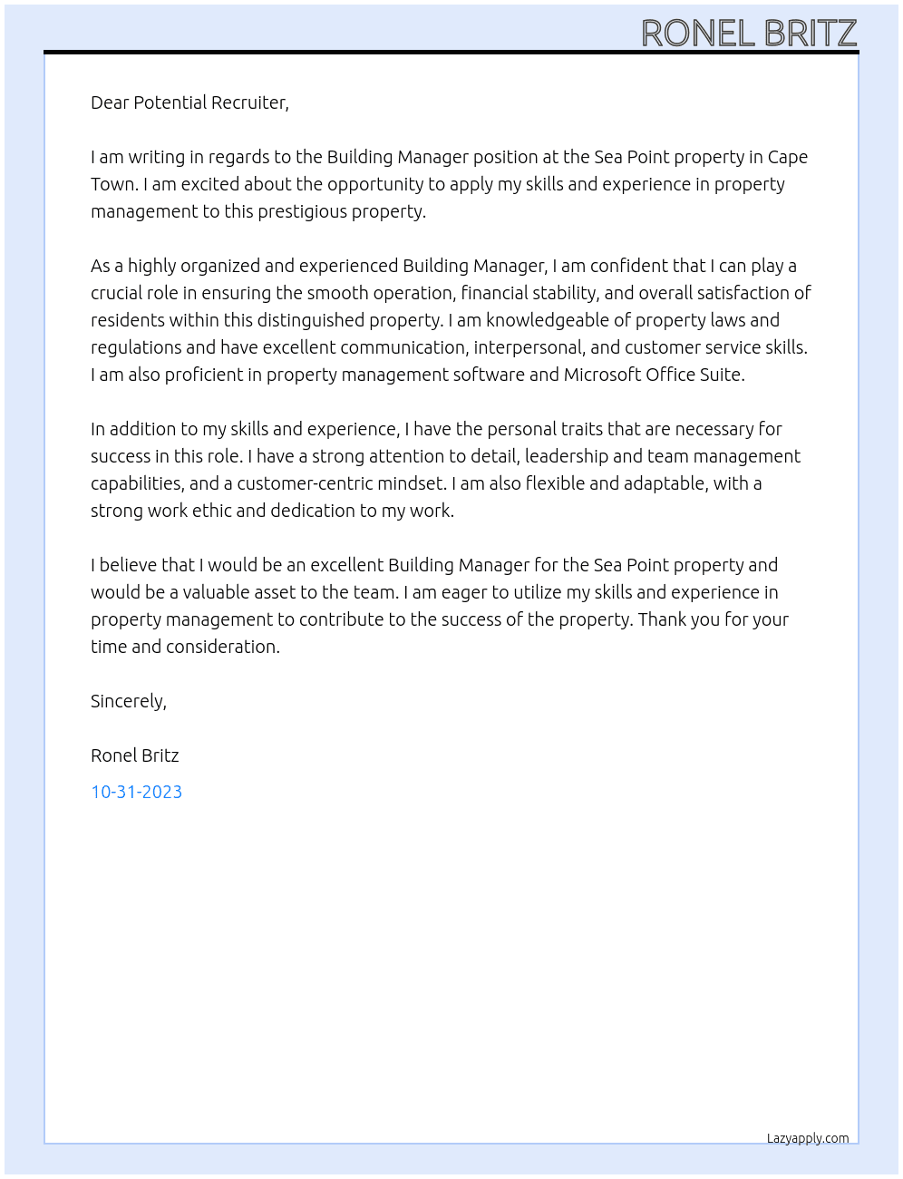Building Manager, Sea Point, Cape Town At Trafalgar Cover Letter