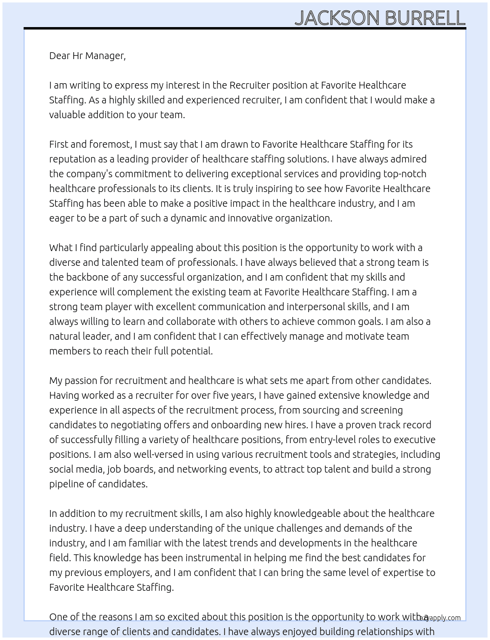 Recruiter  At Favorite Healthcare Staffing  Cover Letter