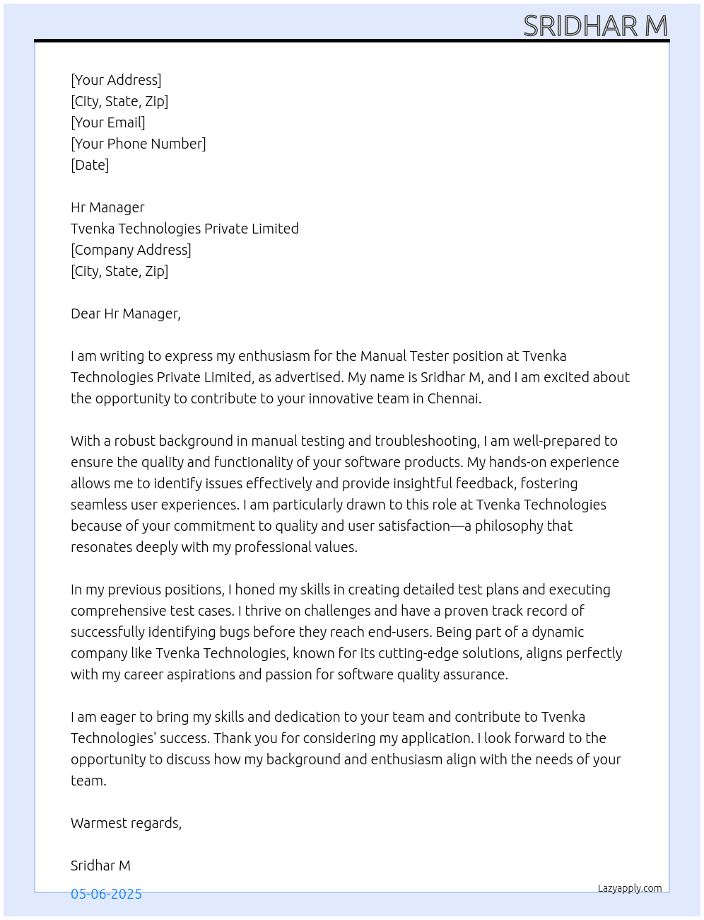 Manual tester  At Tvenka technologies private limited Cover Letter