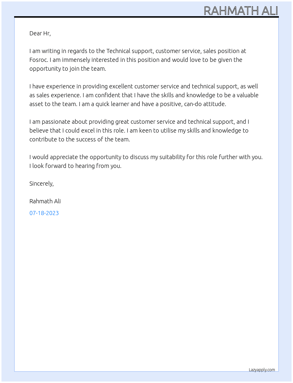 Technical support, customer service, sales. At Fosroc Cover Letter