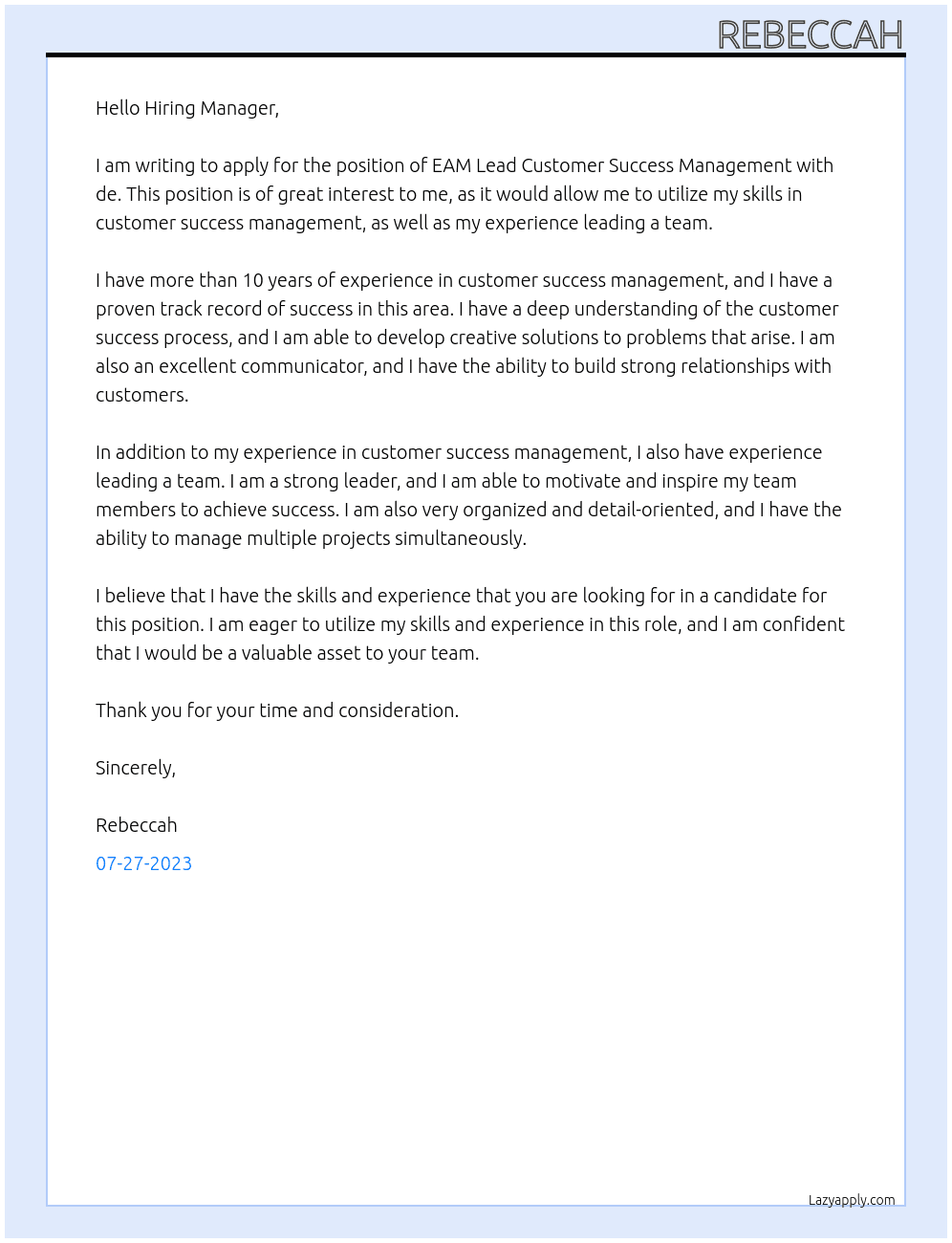 eam Lead Customer Success Management At de Cover Letter