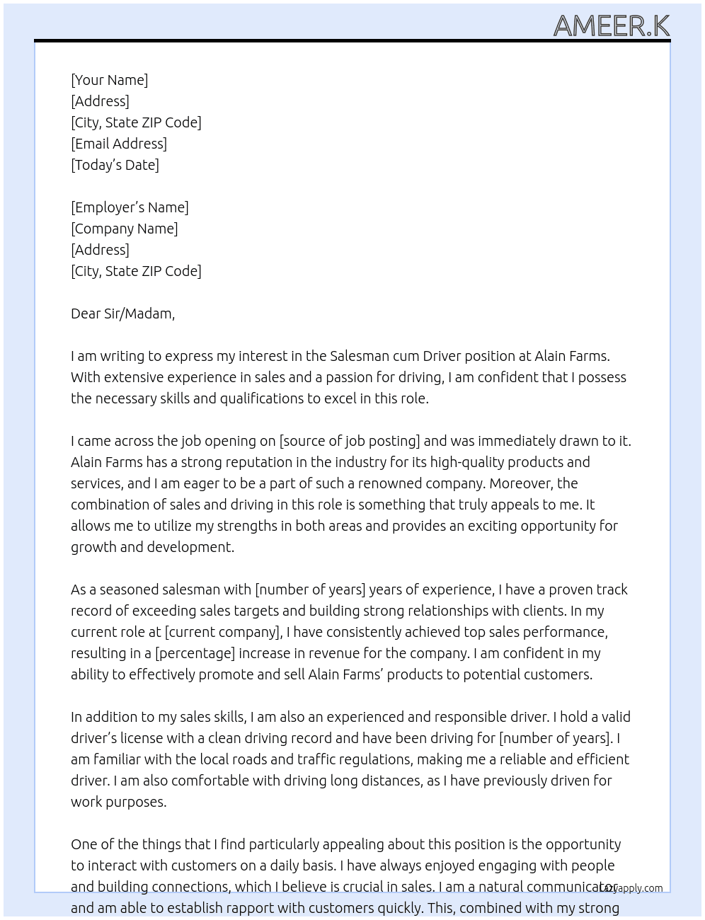 SALESMAN CUM DRIVER At ALAIN FARMS Cover Letter