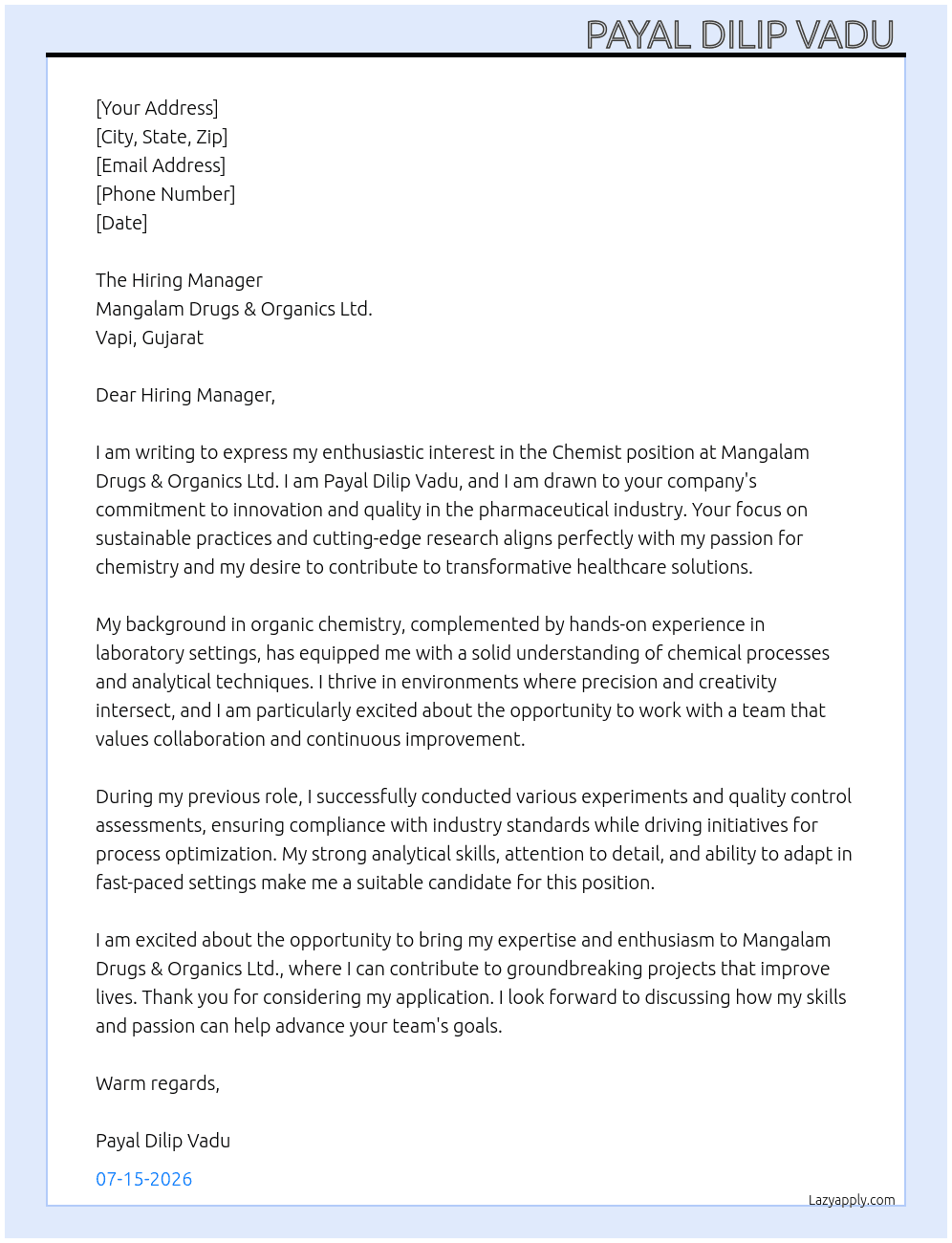 Cover letter for chemist - LazyApply