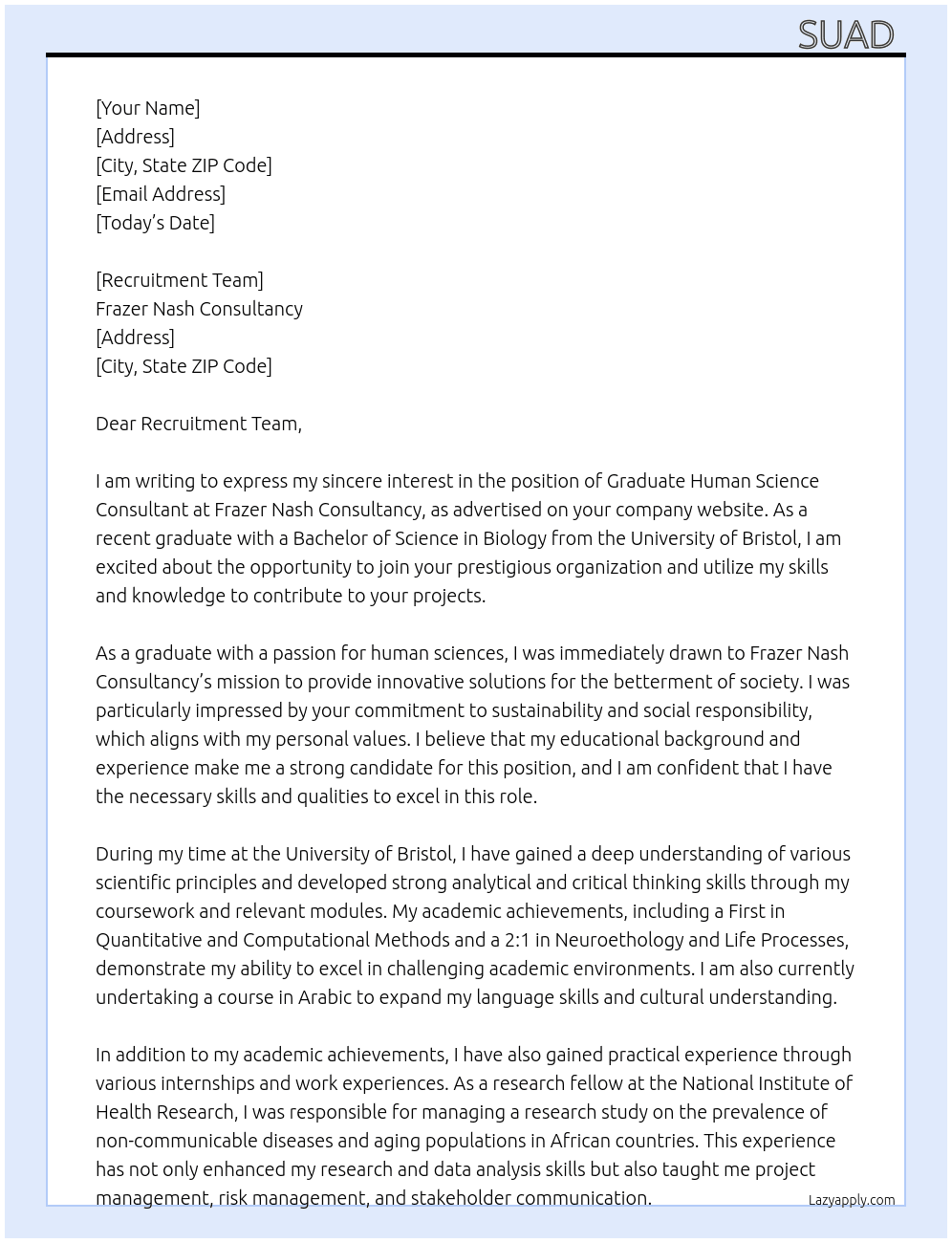 graduate human science consultant  At frazer nash consultancy  Cover Letter