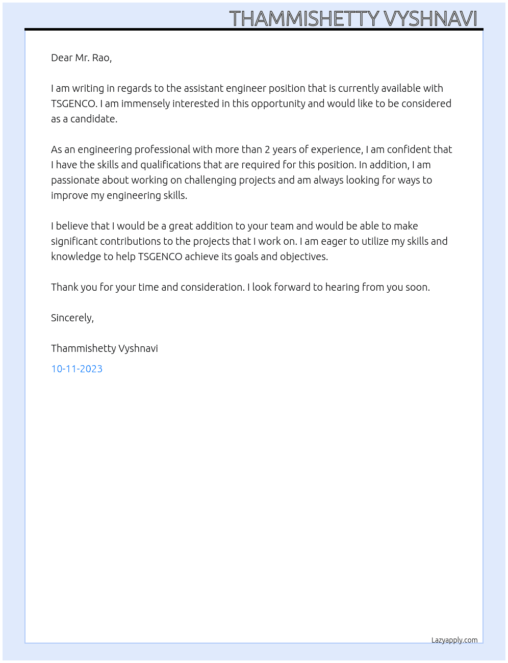 Assistant Engineer(AE) At TSGENCO Cover Letter