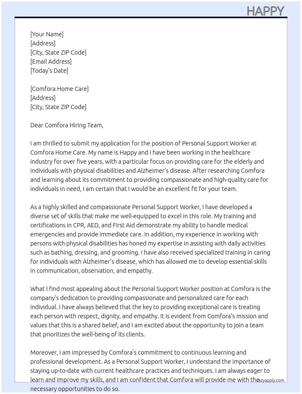 Personal support worker At Comfora Home Care Cover Letter