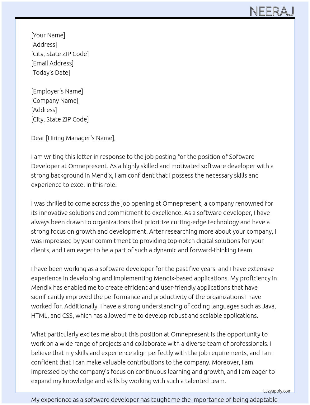 Software Developer At omnepresent Cover Letter