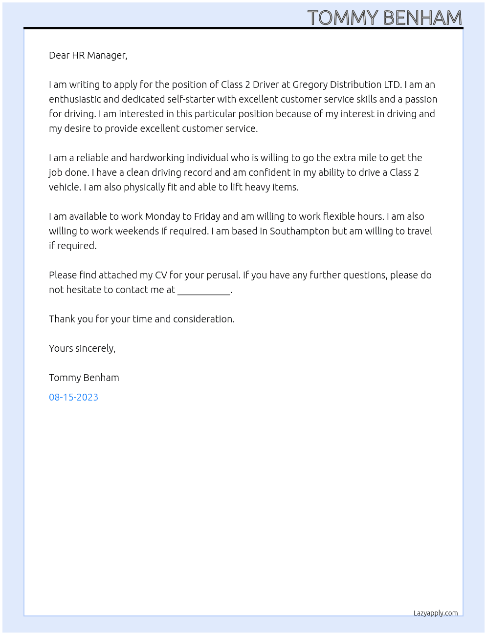 Class 2 Driver At Gregory Distribution LTD Cover Letter