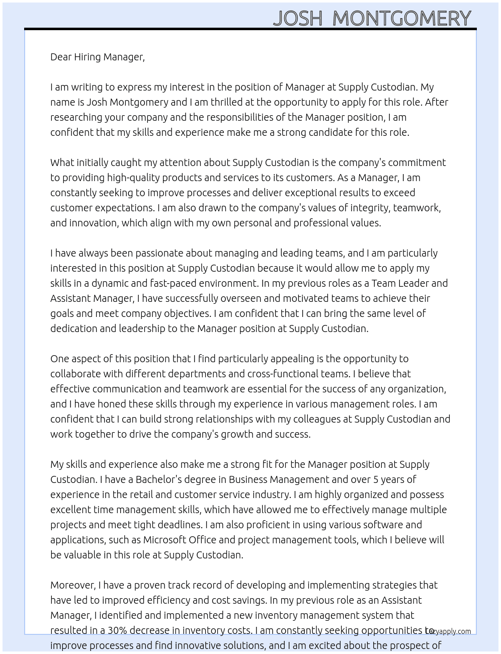 Manager  At Supply custodian  Cover Letter