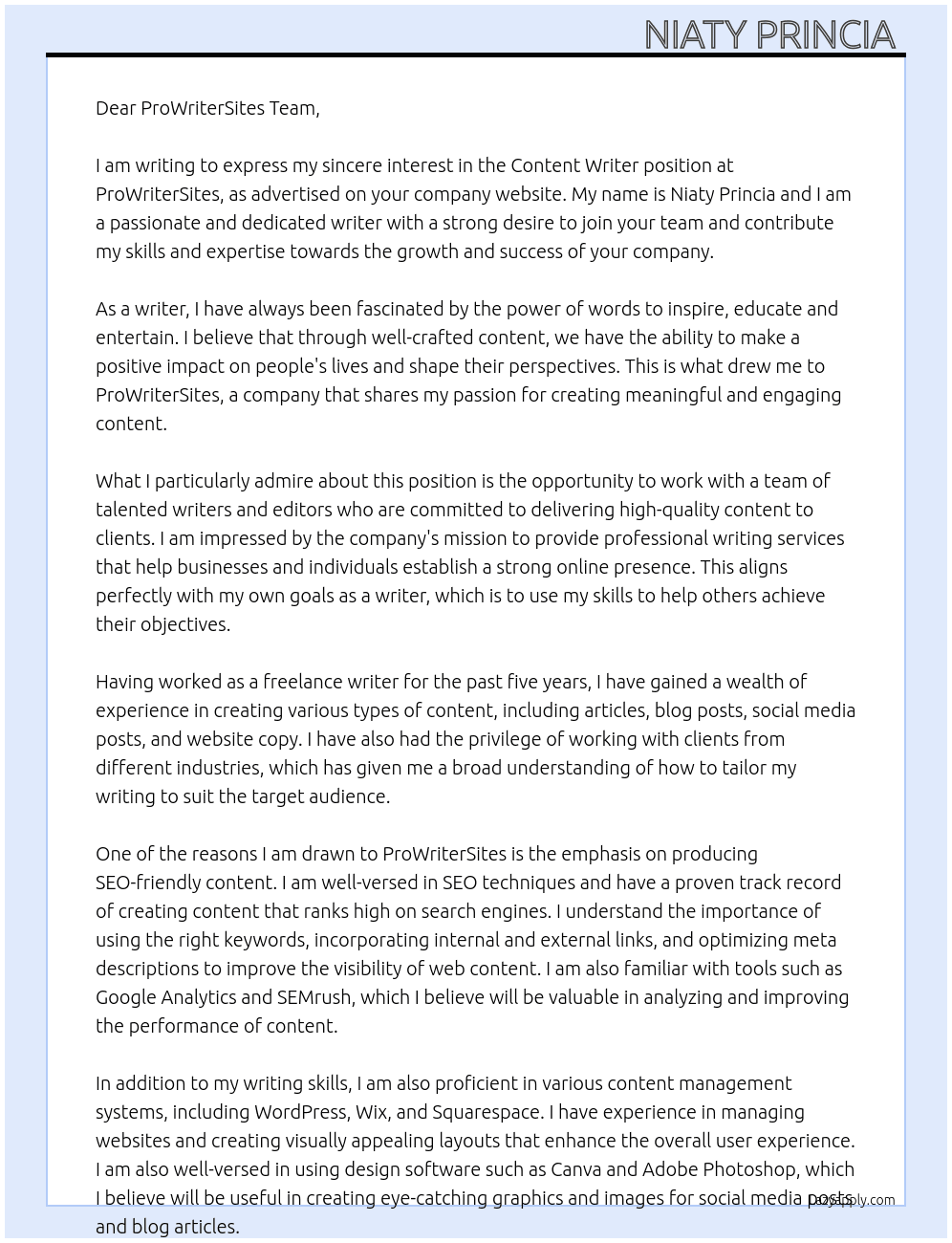 Content writer  At ProWriterSites Cover Letter