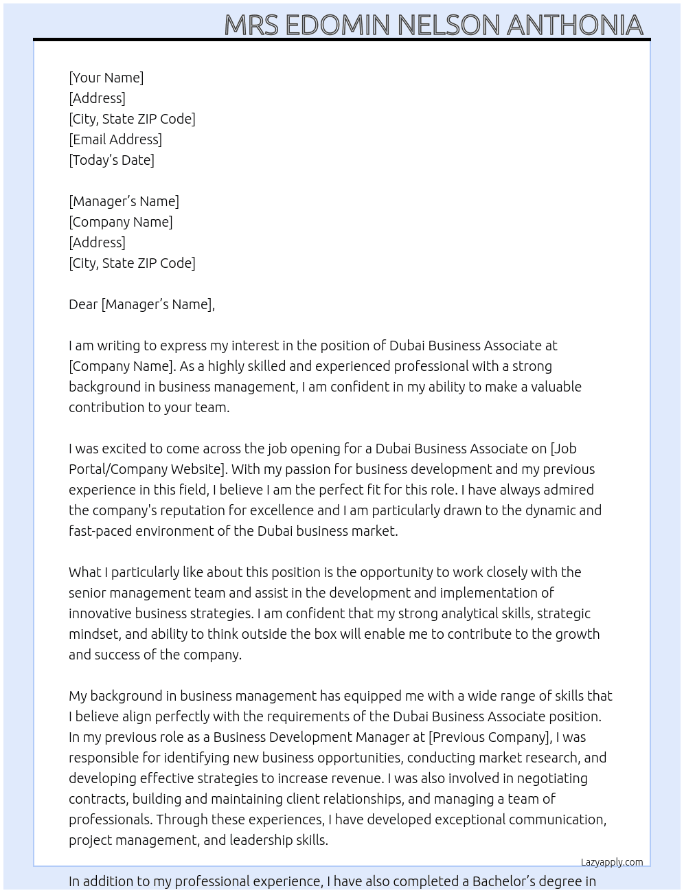 Dubai business associate At Dubai business associate program  Cover Letter