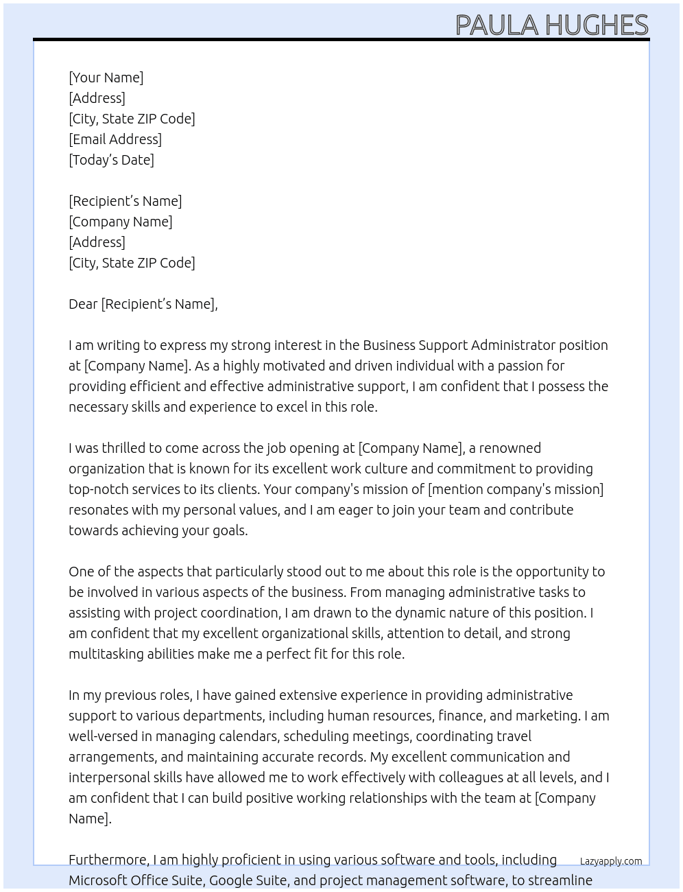 Business support administrator At Ssss Cover Letter