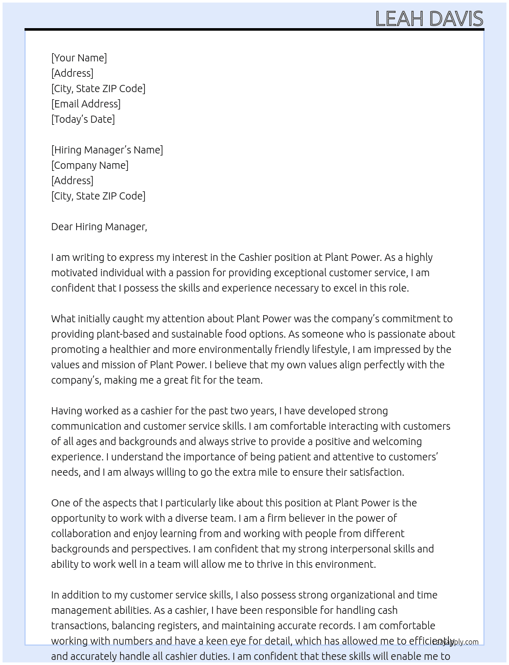 Cashier At Plant Power Cover Letter