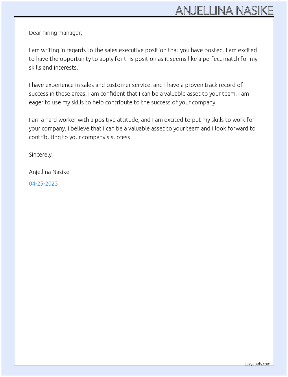 sales executive  At ready Cover Letter