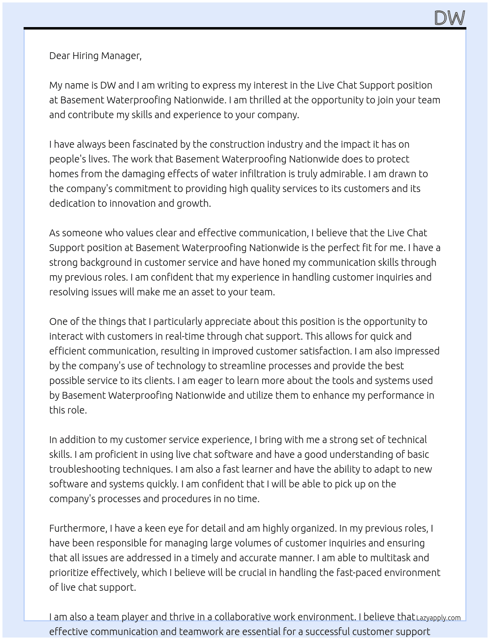 Live Chat Support At Basement Waterproofing Nationwide Cover Letter